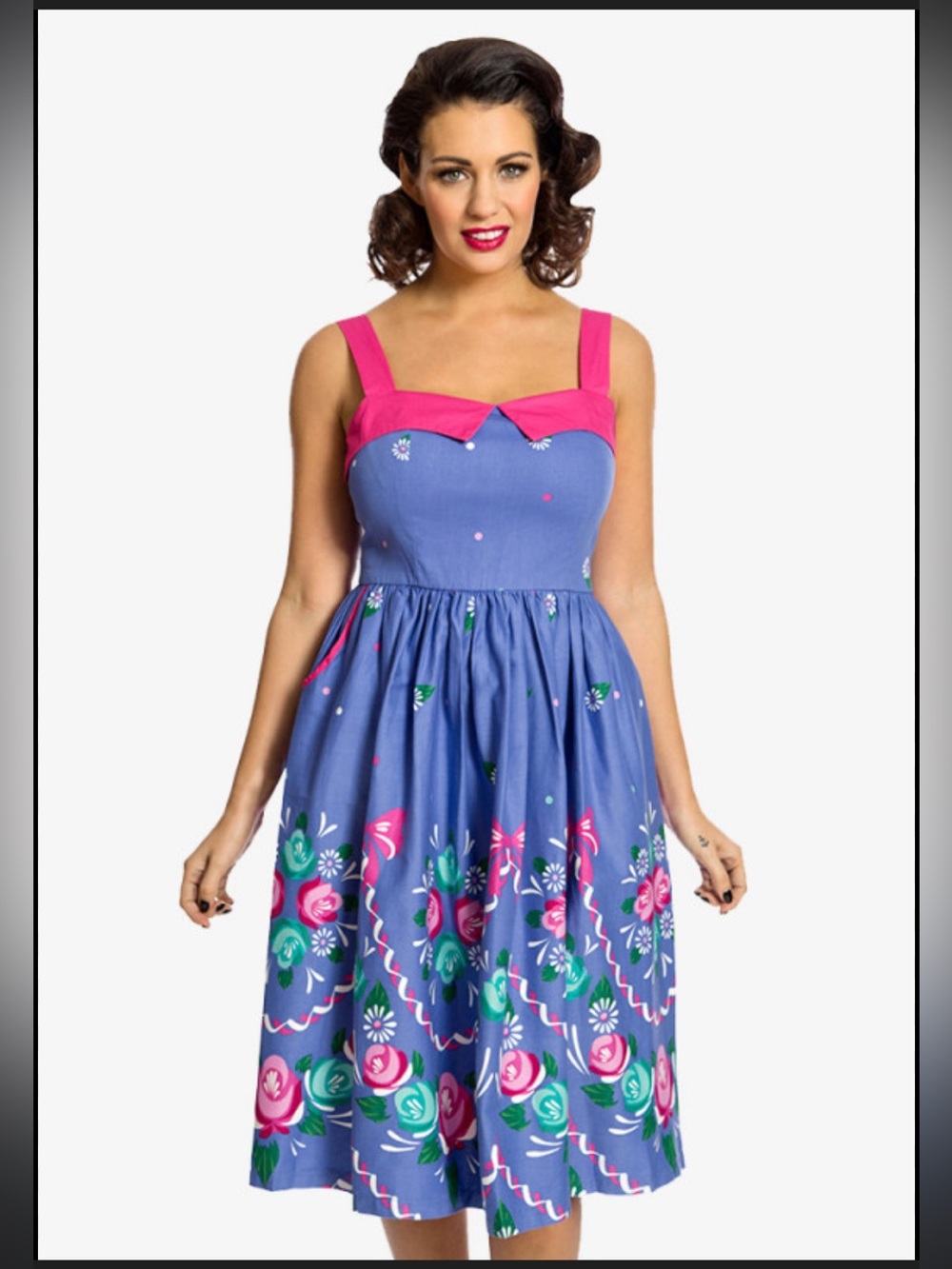 Lindy Bop Saskia blue retro folk floral swing dress size 10
